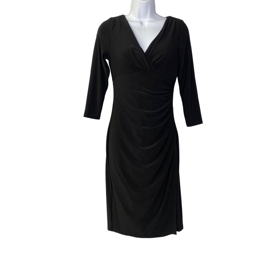 Lauren Ralph Lauren Black Ruched V-Neck 3/4‎ Sleeve Knee-Length Dress Size 2